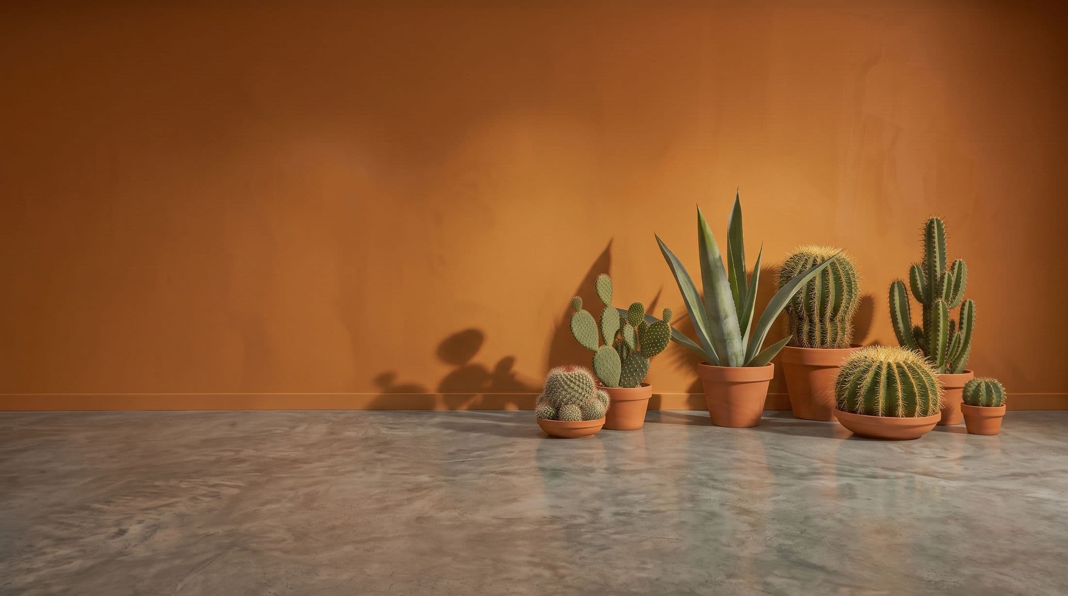 Muro de estuco color terracota con cactus y agaves a los pies, bajo el sol de Baja California