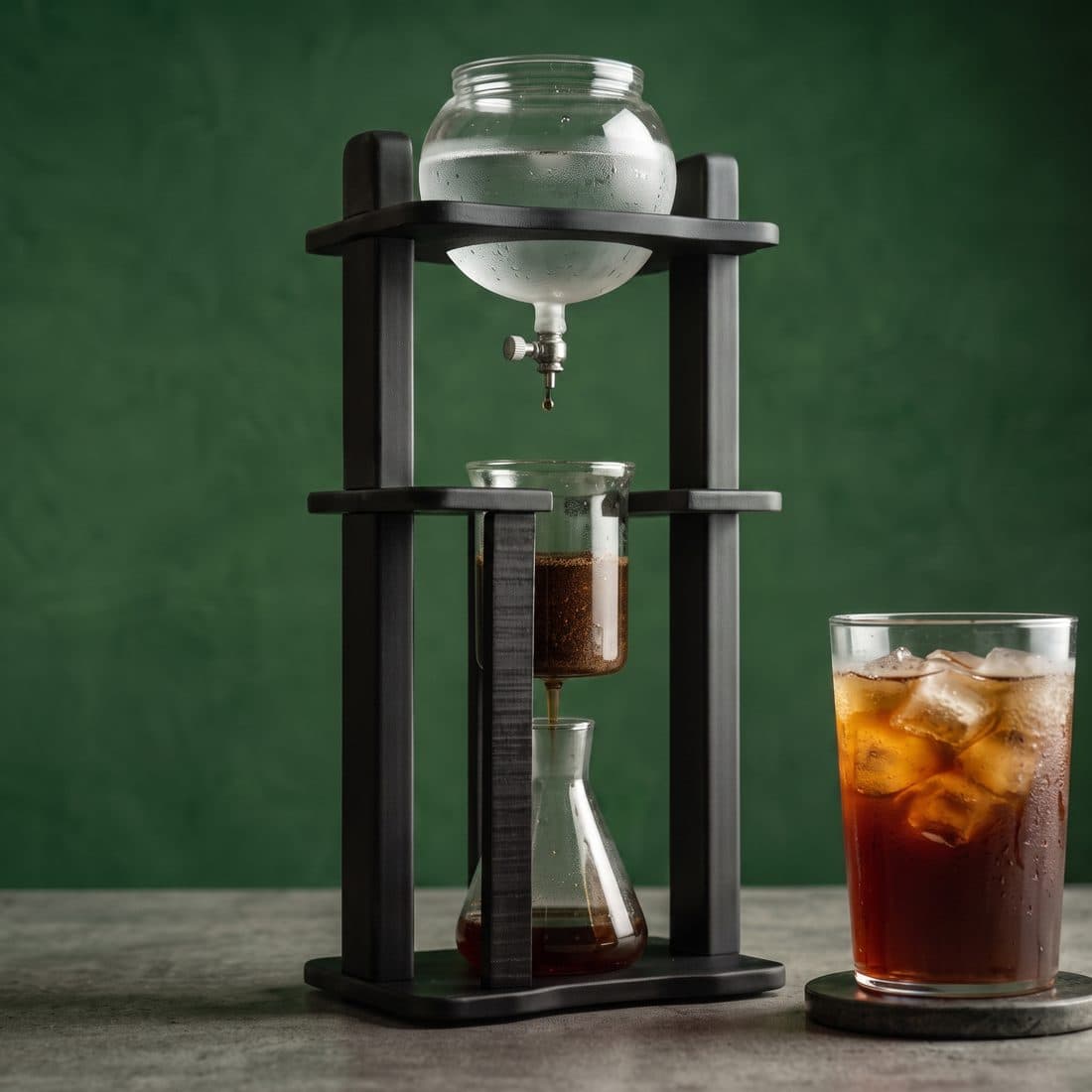 Torre de goteo lento extrayendo cold brew gota a gota junto a un vaso servido con hielo