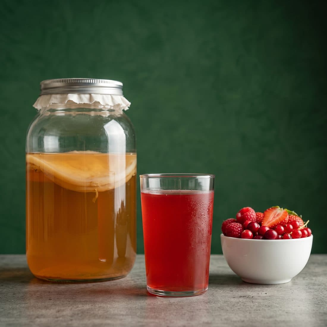 Frasco de kombucha fermentando con su cultivo, junto a un vaso de fermento de frutos rojos y un tazón de bayas