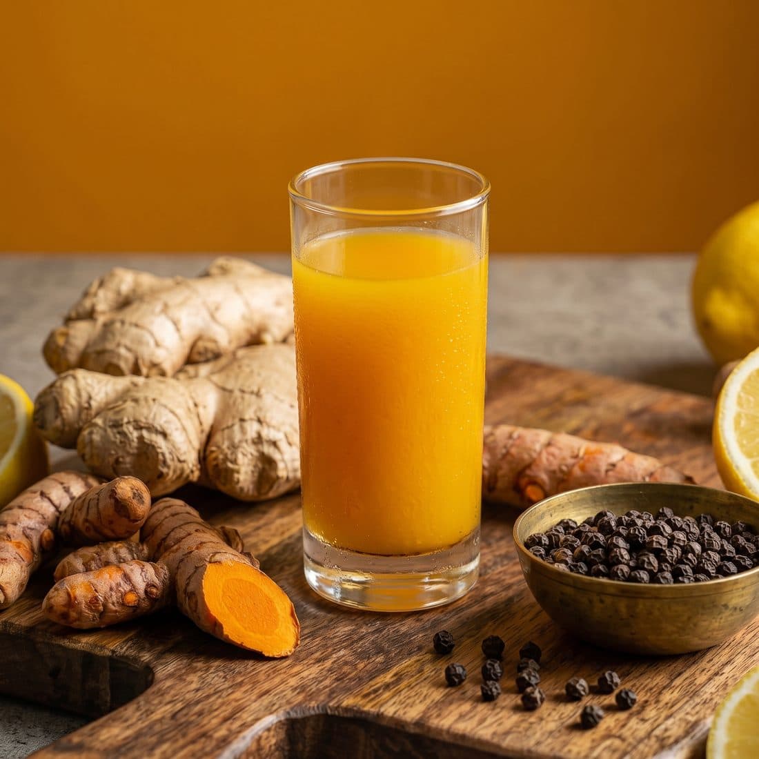 Vaso de shot de cúrcuma y jengibre recién prensado, rodeado de raíces de jengibre, cúrcuma fresca, limón y pimienta negra
